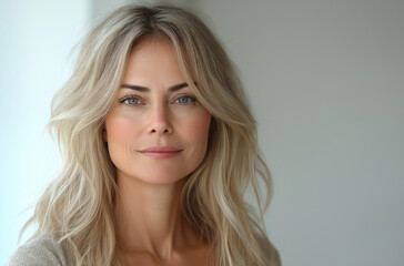 Naklejka premium A beautiful, attractive, and graceful mature woman around 50 years old with white hair gently touches her face in front of a light grey background. This elegant image is perfect for a beauty 