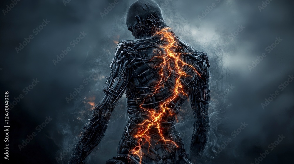 Poster exploring human evolution and biotechnology integration in a futuristic city a close-up sci-fi digit