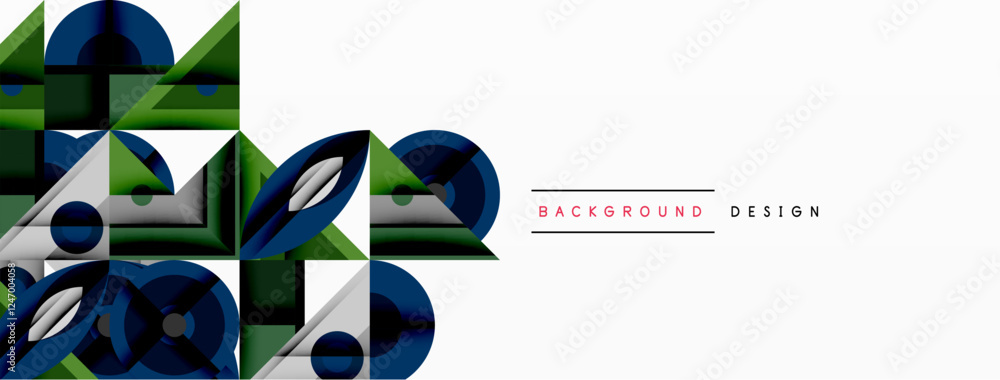 Poster Geometric abstract composition with intersecting shapes, circles, triangles, and gradients, blending vibrant colors and dynamic contrasts to create a modern, futuristic visual design