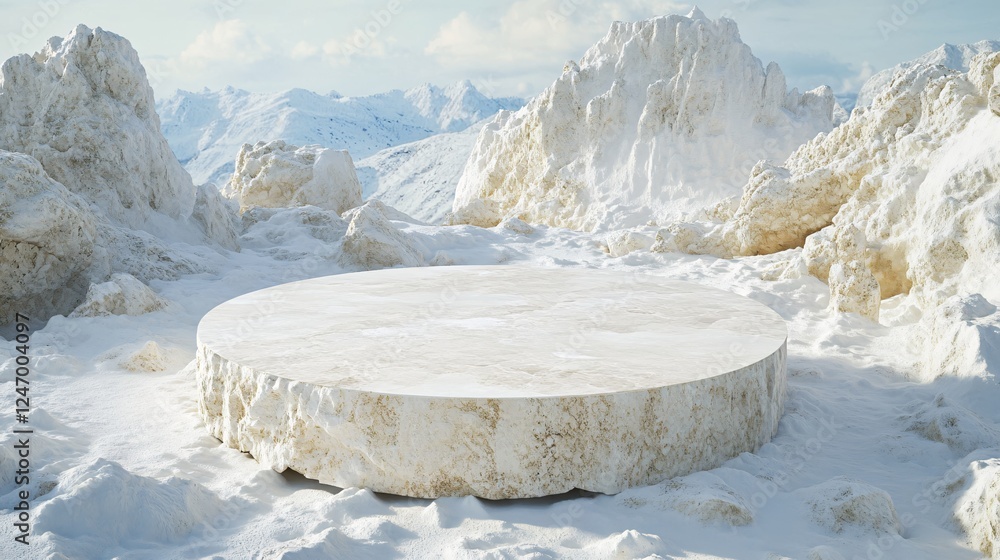 Poster snowy mountain landscape with a round platform in the foreground creating a serene atmosphere