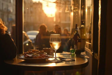 Obraz premium A cozy evening at a cafe, with a glass of wine resting on the table next to a plate of appetizers.