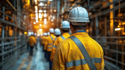 Refinery workers walking, safety, industrial plant