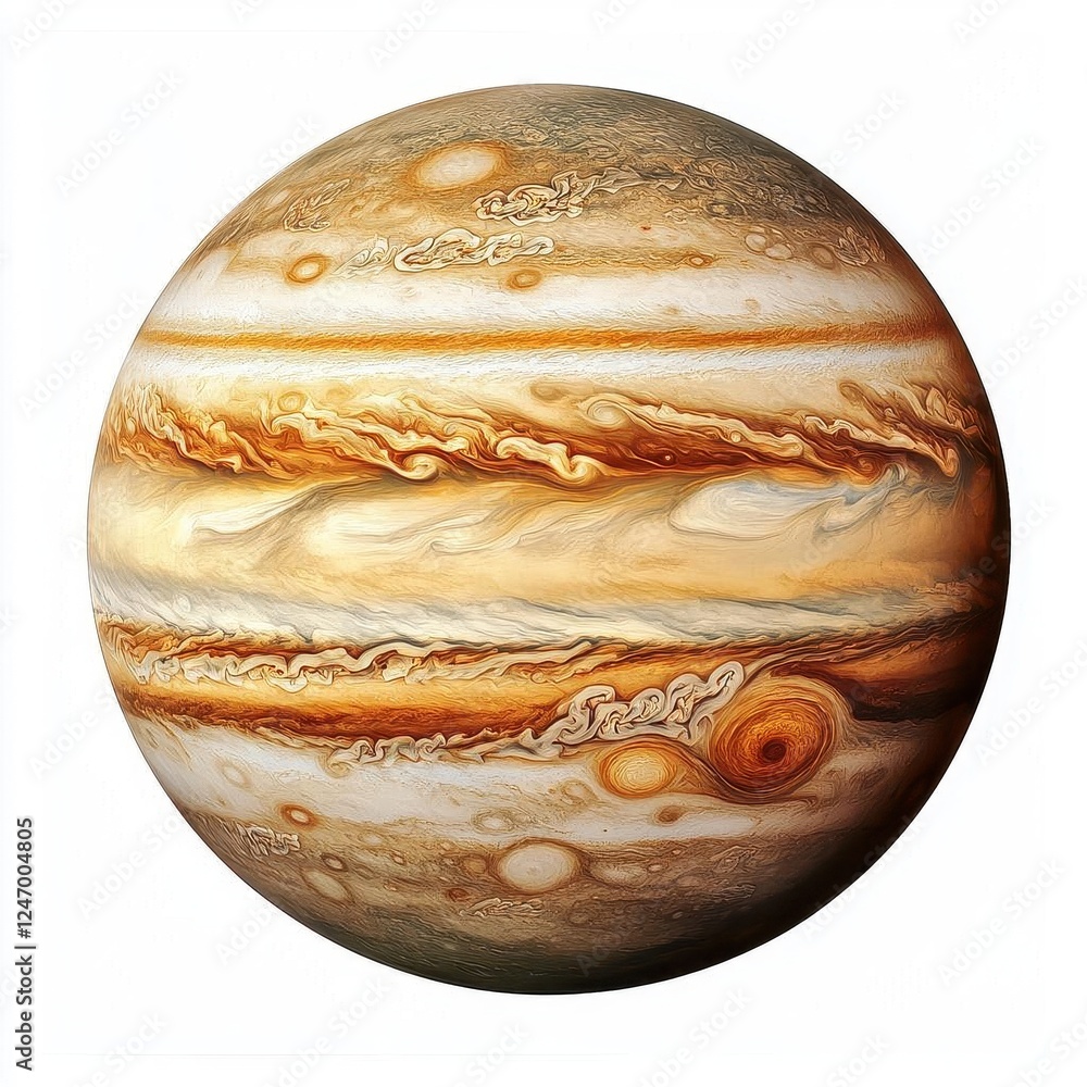 Poster jupiter planet floating on pure white background hyper-realistic space art with vivid details