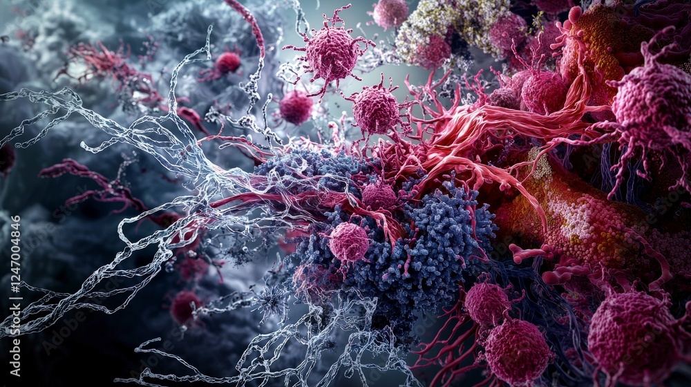 Poster Dynamic cellular transformations unveiled in microbial worlds science lab digital art abstract close-up imagination
