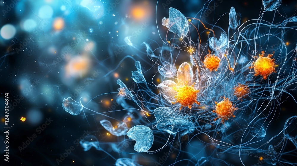 Aufkleber Dynamic cellular communication vibrant interaction in a sci-tech digital universe abstract visualization