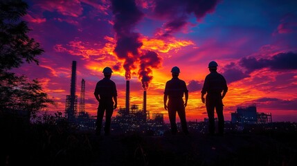 Fototapeta premium Refinery workers sunset silhouette, pollution