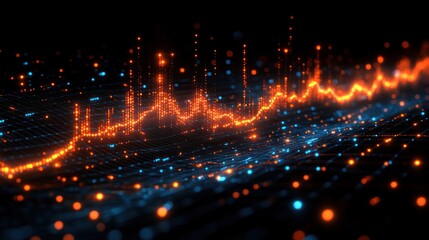 Rising digital data wave, glowing, dark background, tech