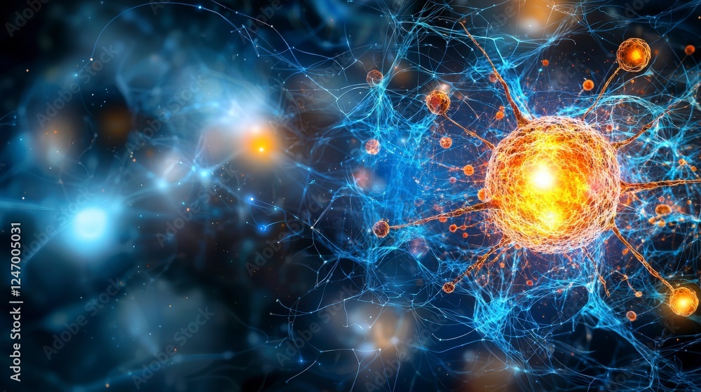 Poster Dynamic cellular communication cells interacting through light in a sci-fi digital environment