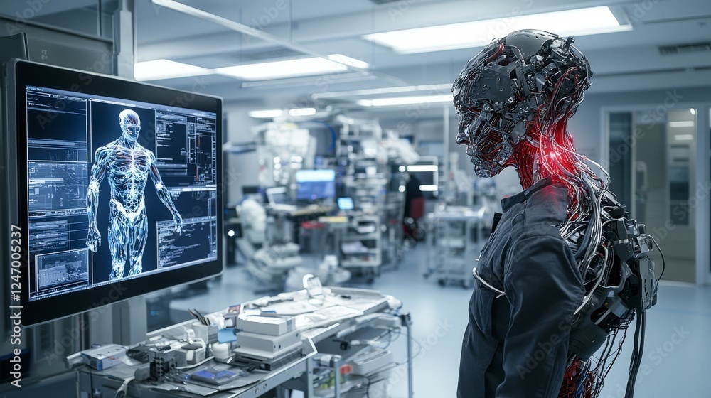 Poster Cyborg humans display advanced robotic limbs in futuristic laboratory high-tech environment close-up perspective