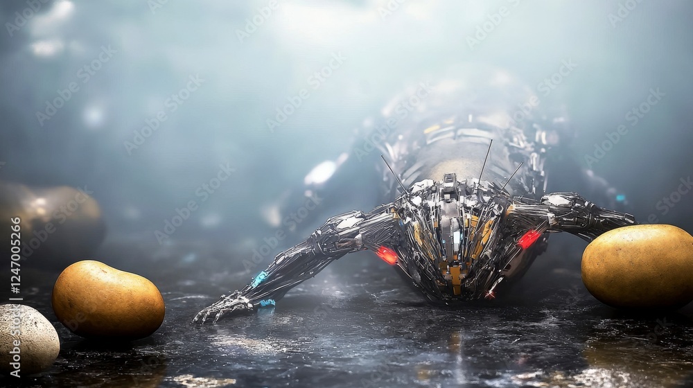 Poster cyborg upgrades a transformation journey futuristic lab digital art sci-fi environment close-up pers