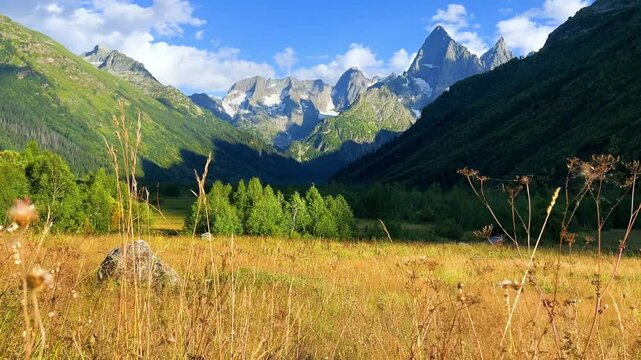 Teberdinsky Nature Reserve. View of Kosygin's glade in the Gonachkhir gorge and the top of Dombai-Ulgen mountain near Lake Tumanly-Kel on a sunny summer day. Panoramic landscape. Resort. 4K