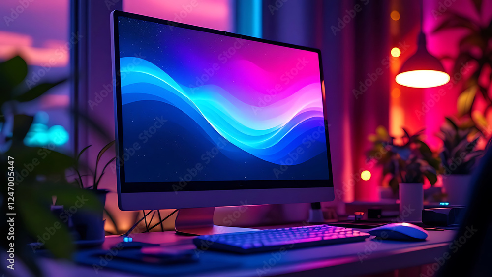 Fototapete modern desktop computer with vibrant neon elements displaying a wave pattern against a colorful back
