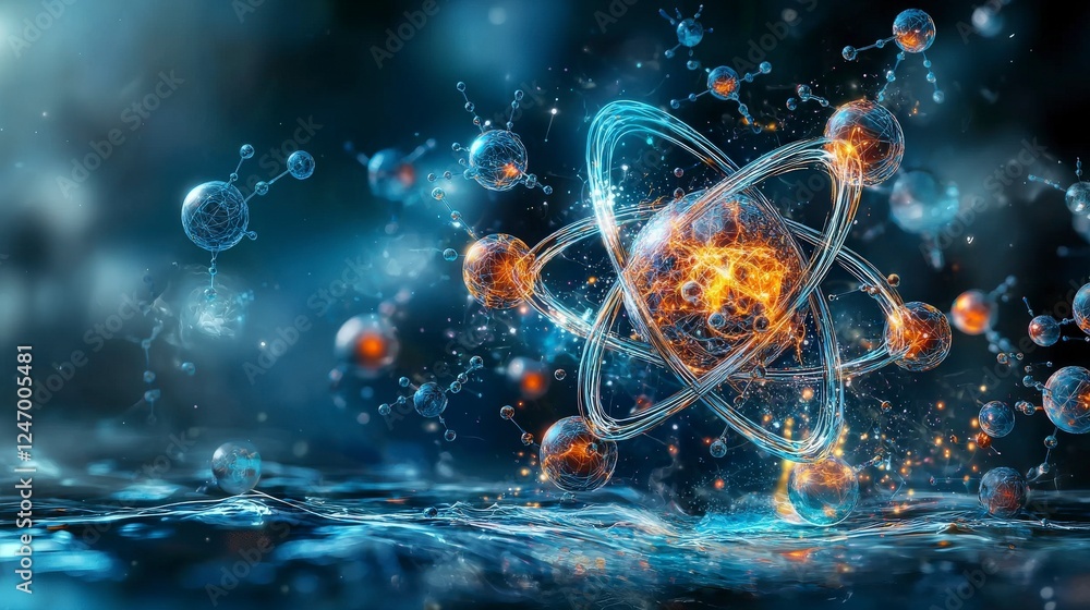 Poster quantum dance of atomic structures cosmic realm digital art vibrant atmosphere abstract perspective 