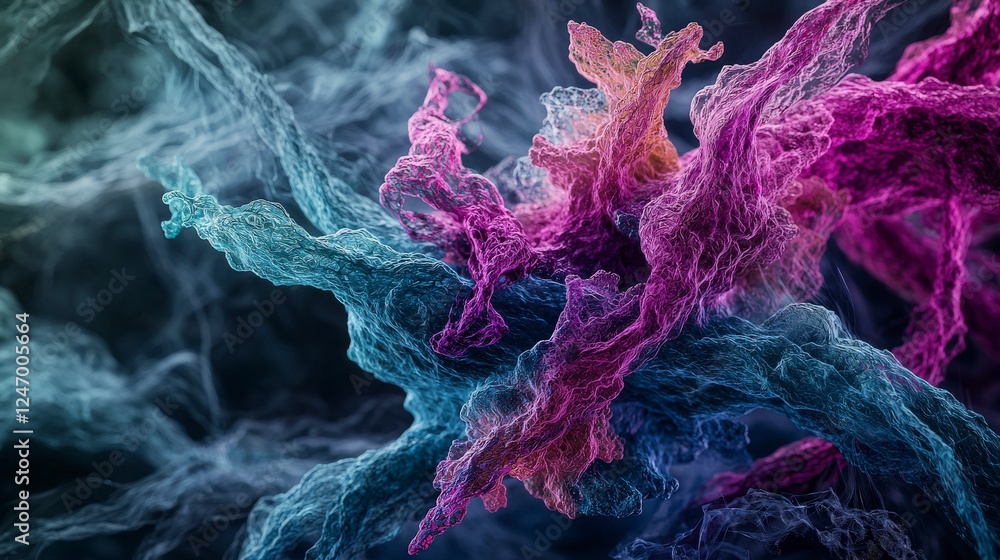 Poster vibrant dancing chromosomes bioluminescent scientific visualization in colorful abstract environment