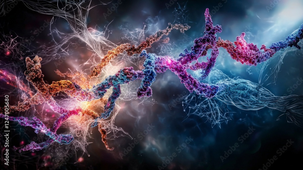 Poster dancing chromosomes in vibrant colors abstract art digital space science close-up genetic compositio
