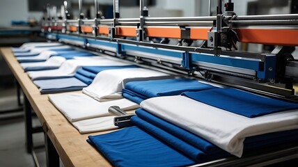 Obraz premium Industrial Fabric Printing Machine with Blue and White Materials, Close-up of a large industrial fabric printing machine.