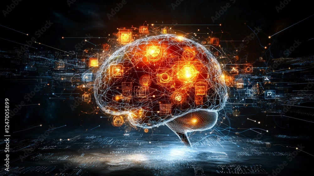 Poster digital consciousness human brain networked virtual realm concept art futuristic overview interconne