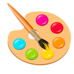 paints on a palette and a brush without a background