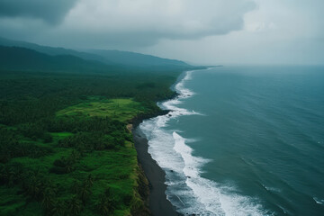 Aerial footage of stormy seas in distant coastal regions during monsoon