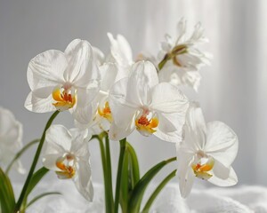 Fototapeta premium White fresh flower cherry orchid blossom delicate background. Celebrating of spring. Floral template. 