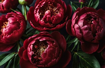 Dark red fresh peony flowers delicate background. Celebrating of spring and summer. Floral template.	