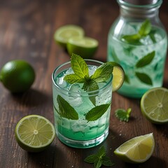 Refreshing raw freshly squeezed fruit vegetable green detox juice smoothie lemonade with ice. Perfect summer drink on a table. Treatment and nutrition. Vegan healthcare lifestyle, healing	