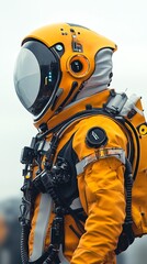 Obraz premium A futuristic astronaut wearing an orange spacesuit and helmet, ready to explore the cosmos.