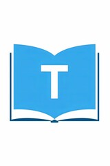 Fototapeta premium blue rectangular icon with the letter 'T' in white, placed on top of an open book