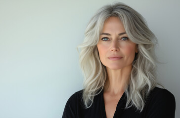 Naklejka premium A beautiful, attractive, and graceful mature woman around 50 years old with white hair gently touches her face in front of a light grey background. This elegant image is perfect for a beauty 