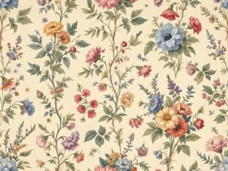 Vintage Floral Pattern with Delicate Flowers and Leaves on Cream Background