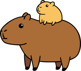 Cute baby capybara sitting on mother capybara's back on transparent background