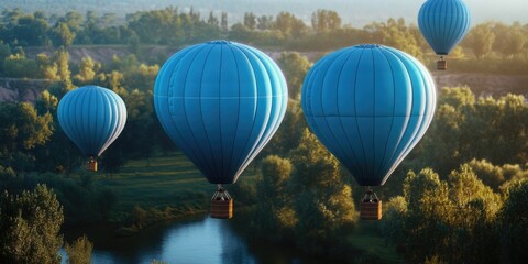 Fototapeta premium Six beautiful blue hot air balloons flying over a serene landscape, with a river and lush green trees. An ideal setting for a vacation or outdoor adventure.