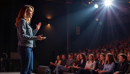 A motivational female speaker stands on a stage in front of an engaged audience, delivering an inspiring message.