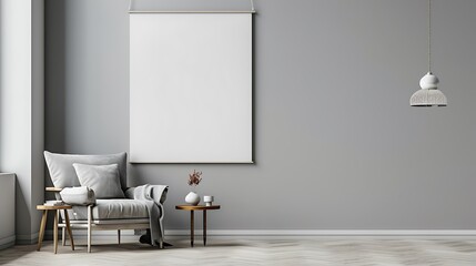 Gray living room with minimalist decor, armchair, side table, hanging lamp, and blank wall. Clean and simple design.