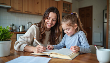Fototapeta premium A mother helps her daughter with homework in a cozy kitchen, symbolizing education and strong mother-daughter bonds.
