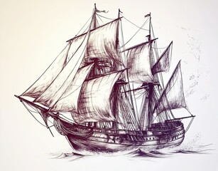 Isolated vintage barque in a hand-drawn engraving style
