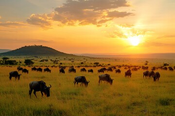 Naklejka premium Majestic wildebeest herd grazing at sunset in african savanna