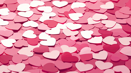A pink background with many hearts scattered all over it
