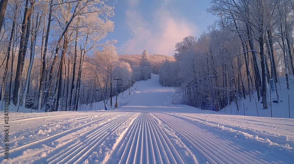 Poster Freshly groomed ski trails create smooth lines on a pristine slope surrounded by frosty trees. The early morning light casts a soft glow on the winter landscape.