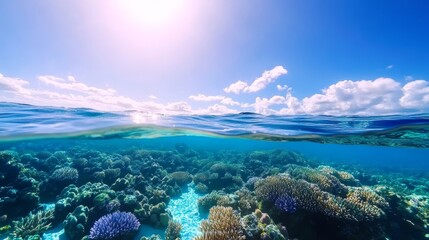 Fototapeta premium Underwater Coral Reef with Clear Blue Water - This image showcases a vibrant underwater coral reef with clear blue water and bright sunlight illuminating the scene.