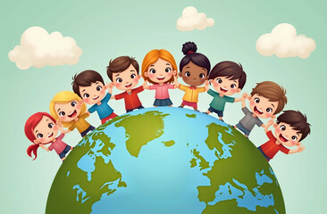 kids or children around the world holding hands, peace unity and harmony concept, united nations