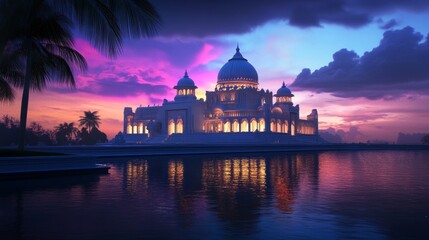 Obraz premium Majestic Temple at Twilight Reflection - A stunning temple illuminated at twilight, surrounded by palm trees and reflecting in serene water, capturing the beauty of architecture and nature.