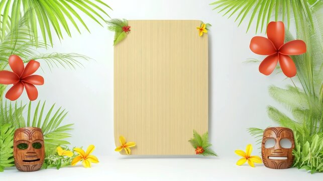 Luau Themed Tiki Design with Tropical Elements - Vibrant luau background featuring tiki masks tropical leaves and colorful flowers perfect for festive celebrations and invitations