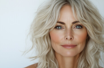 Fototapeta premium A beautiful, attractive, and graceful mature woman around 50 years old with white hair gently touches her face in front of a light grey background. This elegant image is perfect for a beauty 
