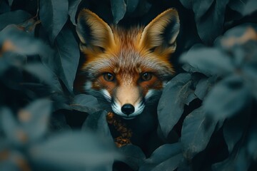 Fototapeta premium Red fox hiding in the bushes, observing surroundings