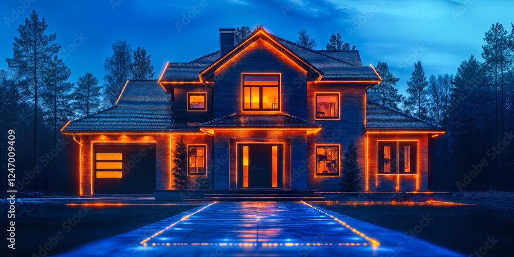 Poster modern smart home exterior with illuminated pathway showcasing advanced home automation and security