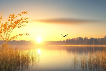 Serene landscape of reed meadow by river at sunset - A tranquil sunset over a calm river surrounded by reeds birds and nature creating a peaceful atmosphere in the landscape