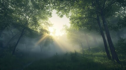 Misty Forest Bathed in Golden Sunrise Light with Rays Streaming Through Trees