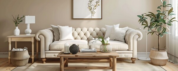 Home decoration featuring beige living room, elegant sofa, wooden coffee table, and wall mock-up.