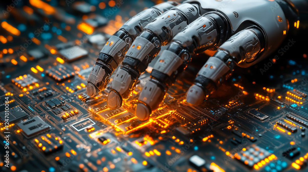 Aufkleber robotic hand interacting with high-tech circuit board for advanced ai solutions